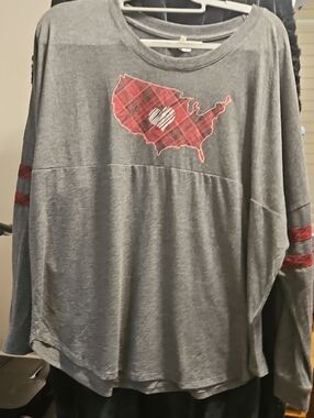 Maurices Gray Long Sleeve Tee with Red Plaid USA Heart Graphic